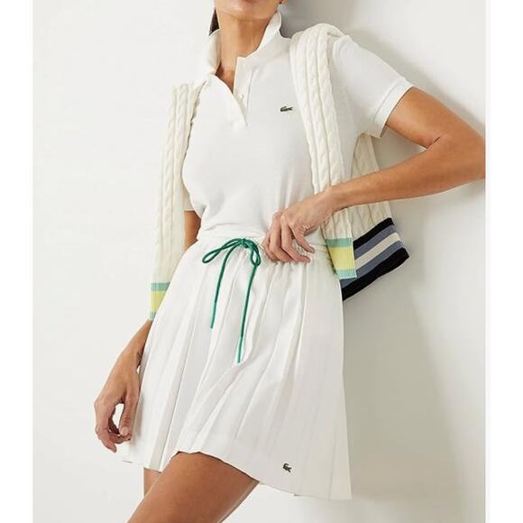 Lacoste Tennis Skirt LIVE Heritage Short Pleated Drawstring White Green Size 38 - Picture 1 of 7